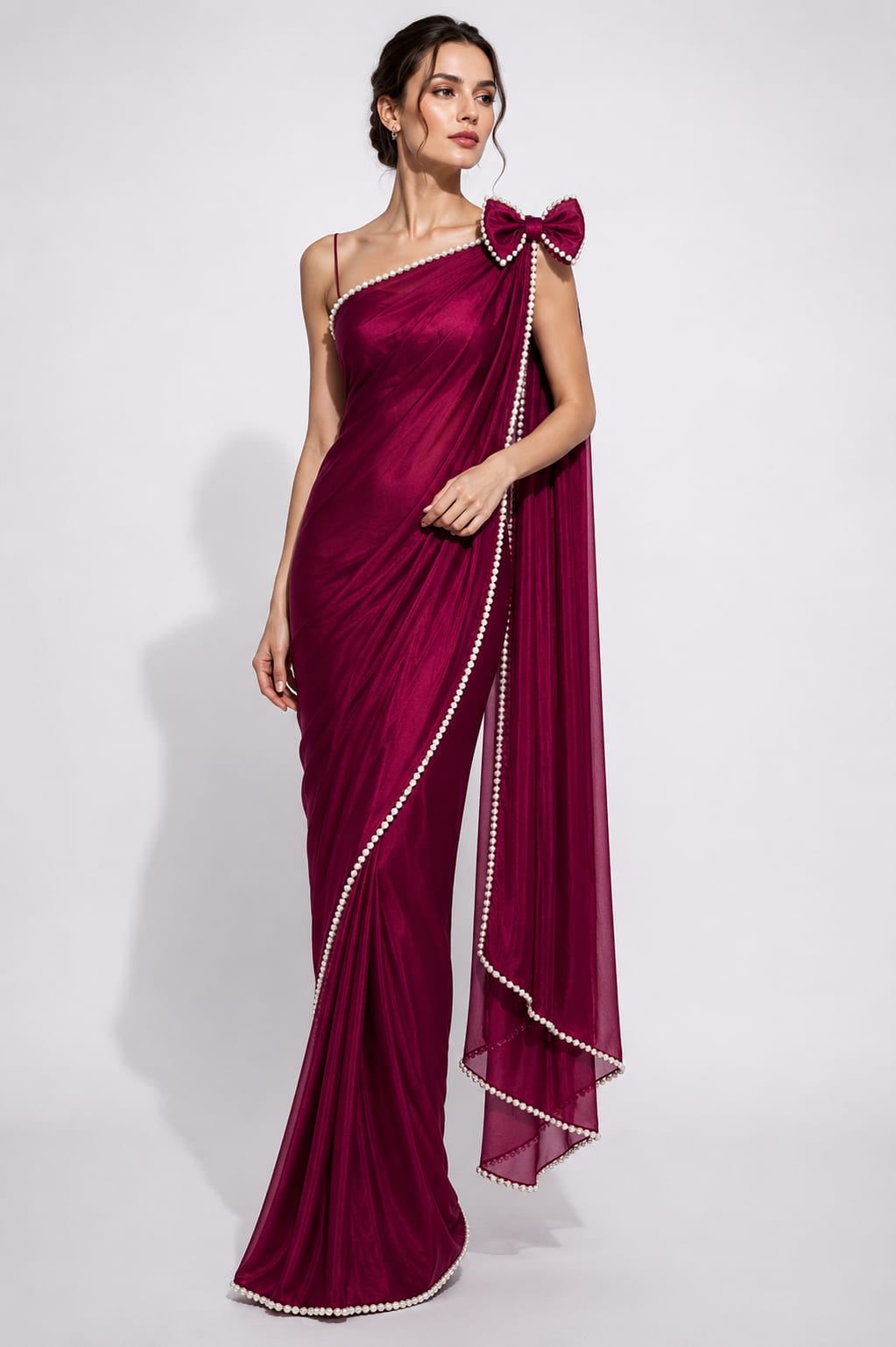 Wine Bridal Pearl Saree